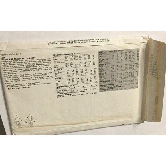 Sewing Pattern Vogue 8226 Misses Dress Size 12 (Bust 34) Vintage U/C 1980s - Picture 2 of 3